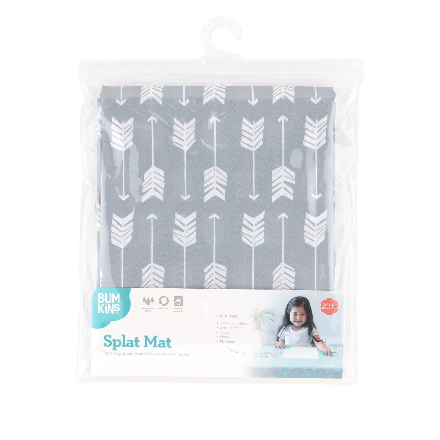 Bumkins Baby Splat Mat for Under High Chair, Babies Toddlers Eating Mess Mat, Waterproof Reusable Cloth for Arts and Crafts, Playtime Mat for Kids, Floors or Tables, Fabric 42inx42in, Gray Arrows