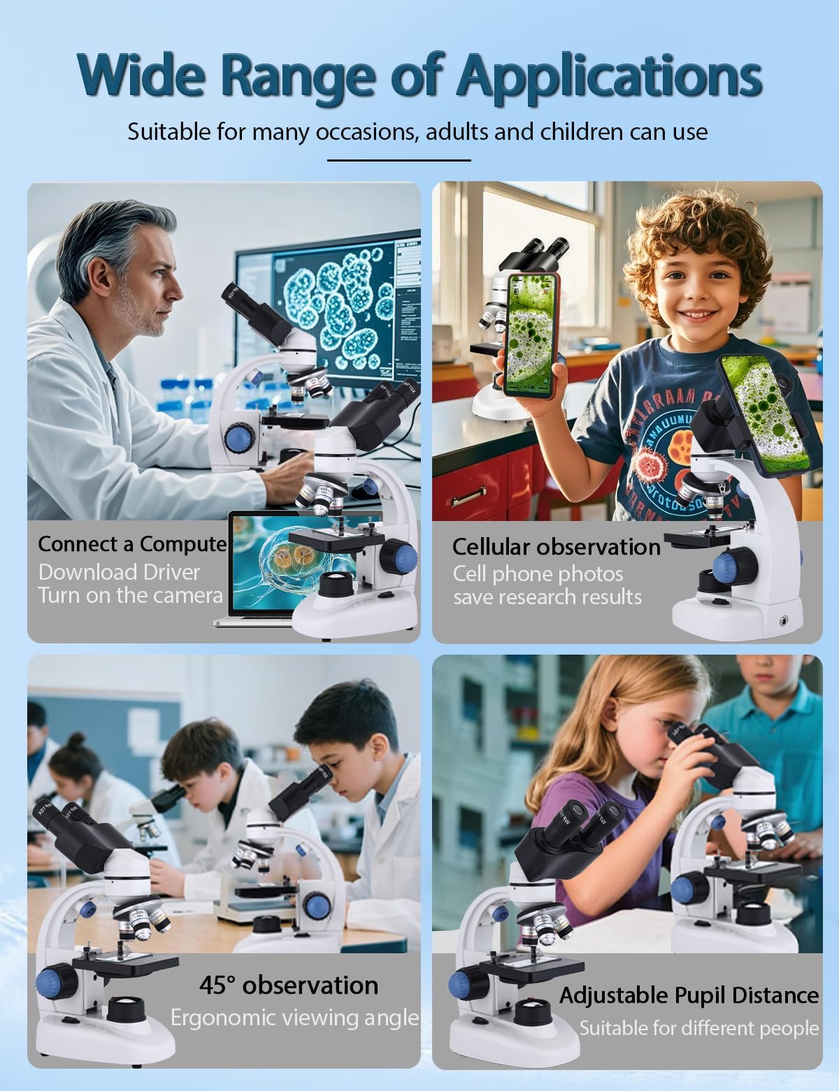 Woehrsh Microscope for Adults WF10x and WF25x eyepieces, 40X-2000X Magnification USB Camera, Microscope for Adults Suitable for Laboratory School Home Education（White Microscope）