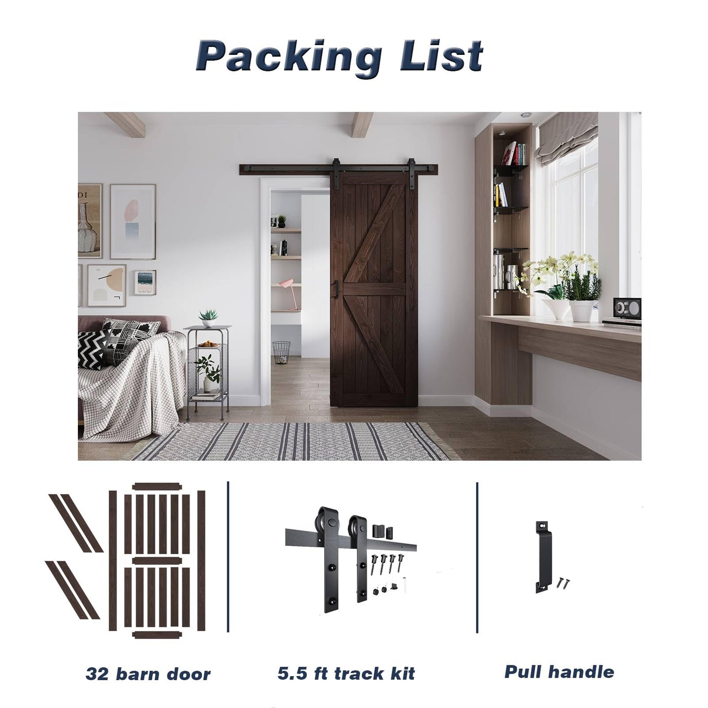 FREDBECK 32in x 80in Brown Wood Barn Door with 5.5ft Barn Door Hardware Track Kit Included, Double Surfaces,Simple Assembly is Required,K-Frame,Coffee
