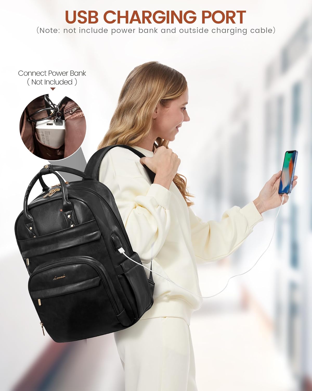 15.6 inch Backpack, 25L, LOVEVOOK Vintage PU Leather Women's Laptop Black, Water Resistant, USB Charging Port