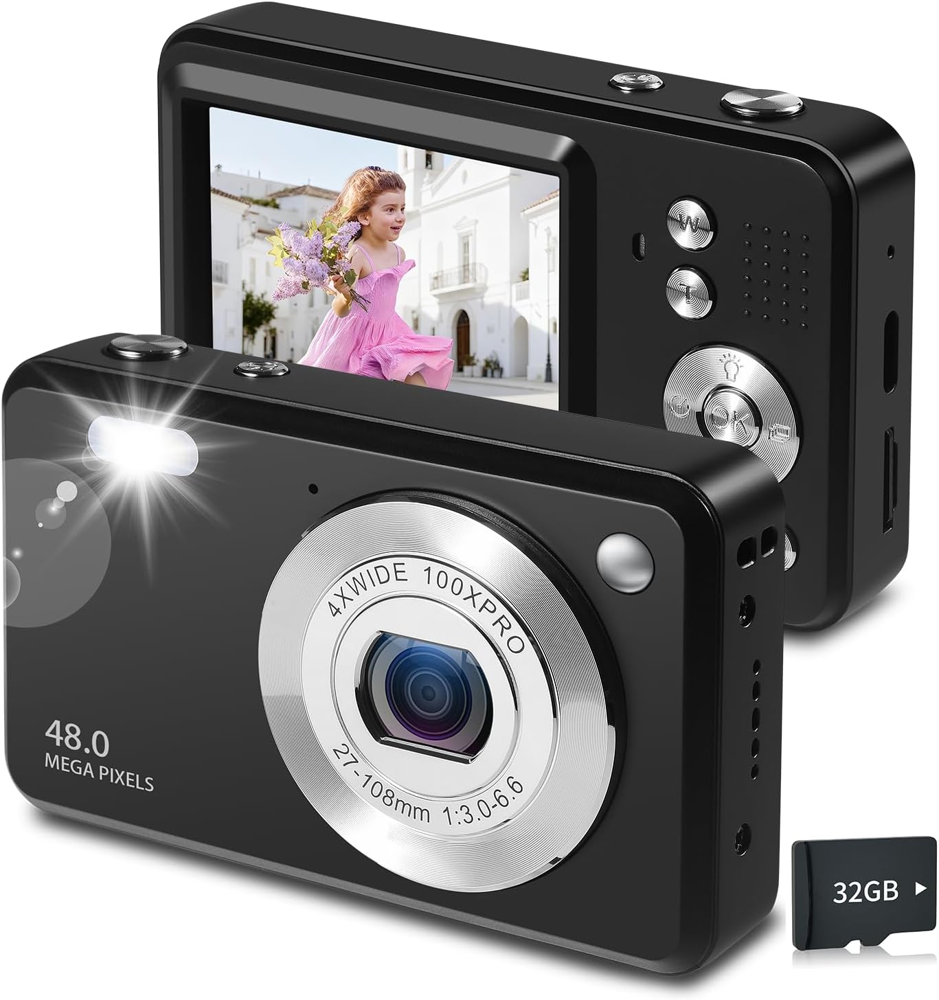 fceoul Kids,1080P 48MP 32GB 16X Digital Camera for Point and Shoot Digital Cameras with Memory Card and Digital Zoom