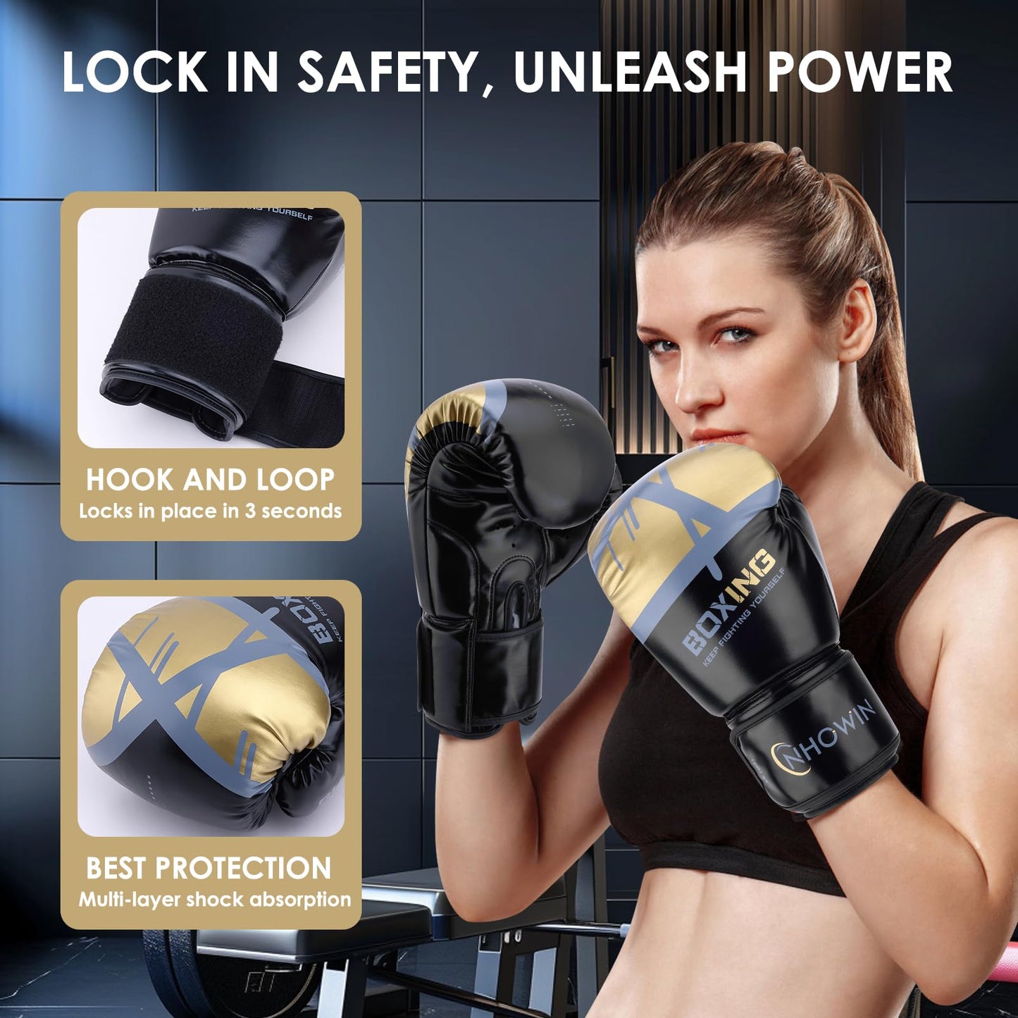 NHOWIN Boxing Gloves, Boxing Gloves for Men and Women with Boxing Wraps for Heavy Bag, MMA, Muay Thai, Sparring Training - 12oz