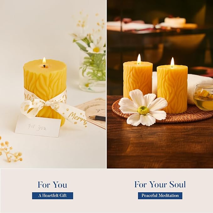 Crenovo Natural Beeswax Pillar Candles 3 Pack, 100% Pure Beeswax Candles Bulk with 180 Hours Burn Time, Organic Bees Wax Candles for Home, Party, Prayer, Non-Toxic Dripless Smokeless 2.8x4 Inch