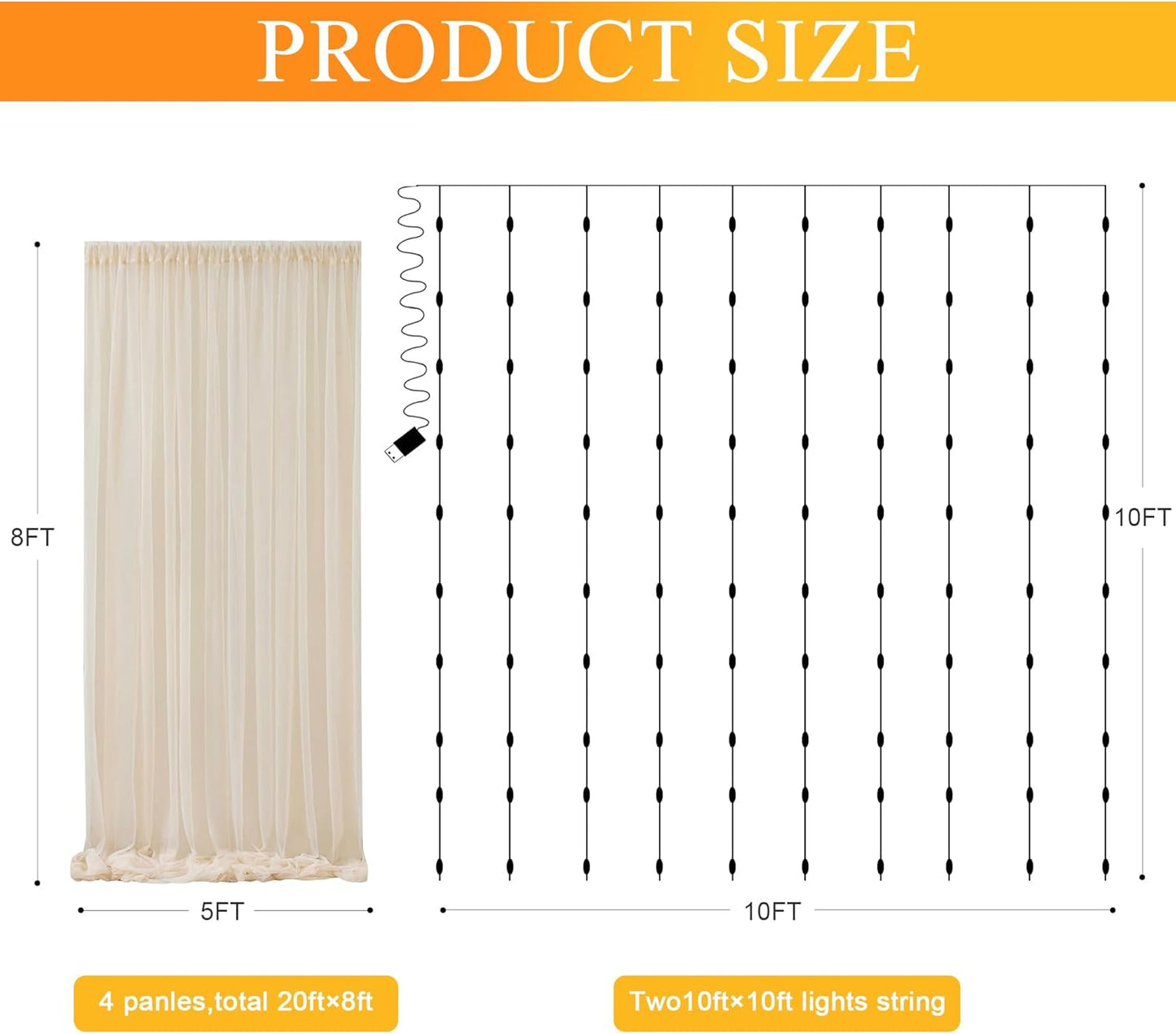 20FT 8FT (4 5x8FT) Fomcet Tulle Curtains with Lights String Champagne X Sheer Backdrop Curtains for Parties Wedding