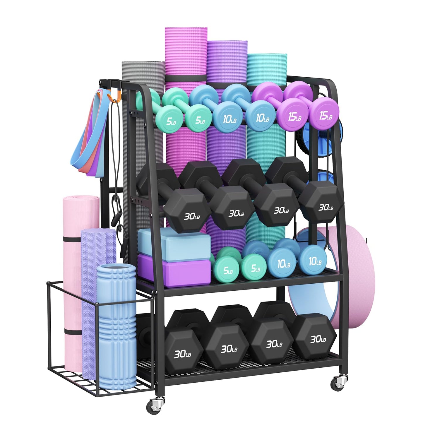 VOPEAK Dumbbell Rack for Home Gym, Adjustable Weight Rack Stand with Wheels, Heavy Duty Steel Storage Organizer for Dumbbells Kettlebells Yoga Mat, with Locking Casters & Side Hooks