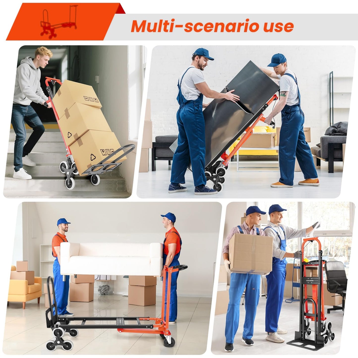 1000LBS Heavy Duty Convertible Hand Truck, 3 in 1 Aluminum Stair Climbing Dolly, Folding Hand Truck Dolly Cart with Solid Wheels for Moving/Travel/Office (Orange)