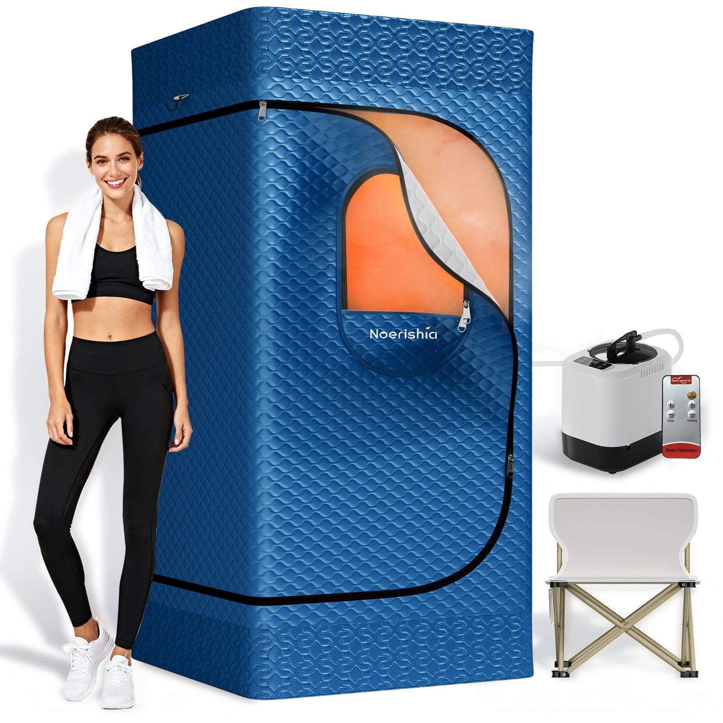 noerishia Portable Sauna for Home with 3L 1200W Steamer, Big Folding Chair, 99 Mins Timer, 9 Levels, Pernoanl Steam Sauna Tent Dual YKK Zippers for Home Spa Detoxification, 32' x32' x 71', Blue