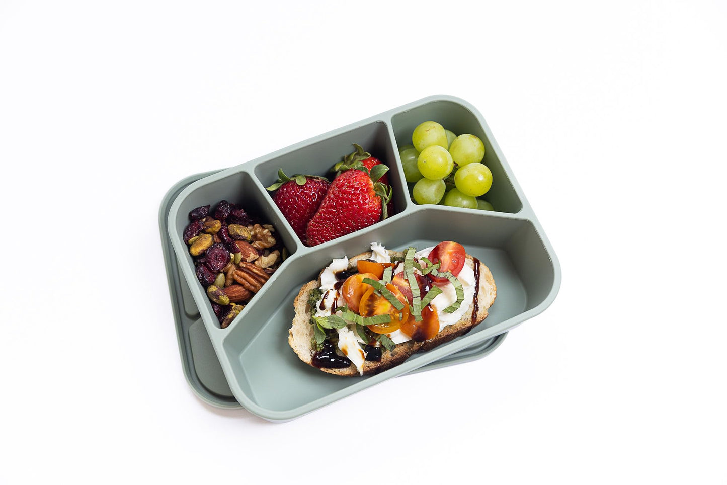 Spoondrift Eco-Friendly Leak Proof Silicone Bento Box Lunch Box, For Child And Adult, 4 Compartment, Choose from 6 Colors, Includes one box (Sage)