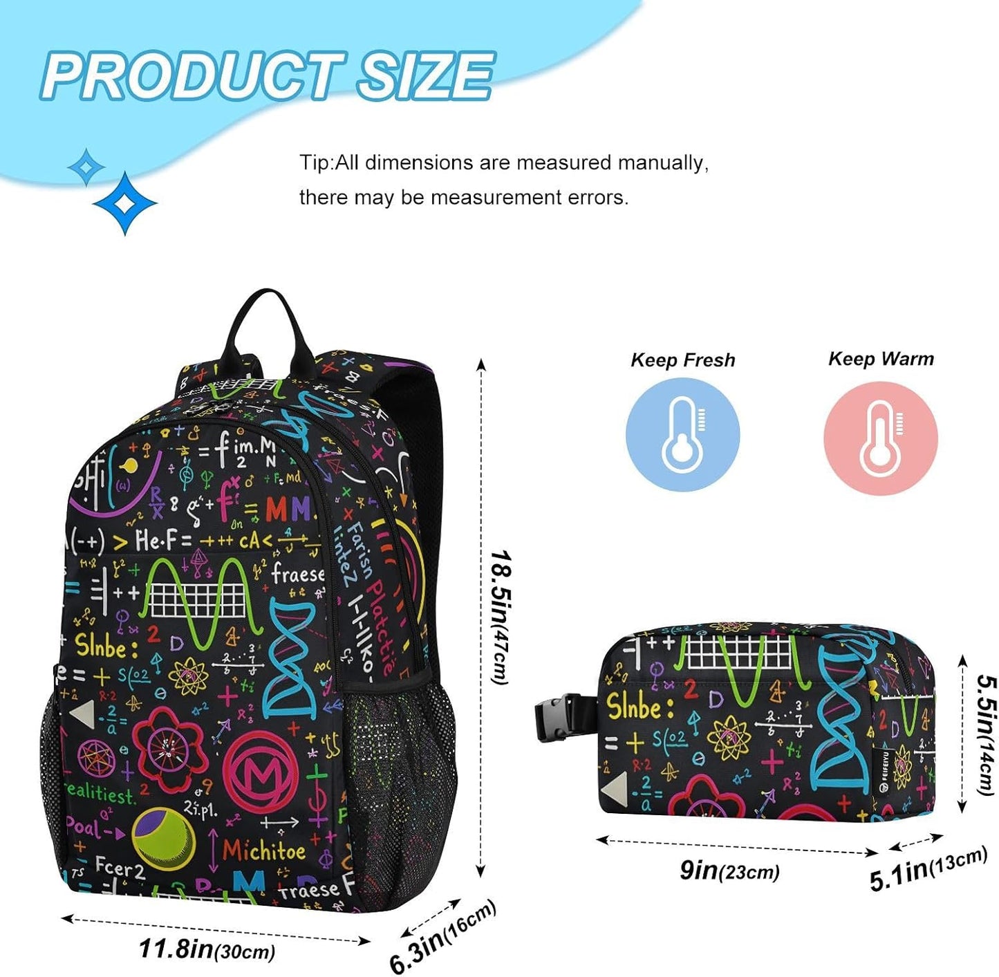 Backpack Set Pack ALAZA Colorful Math Science Geometric and Lunch Bag Back Bookbag Cooler Case Kits