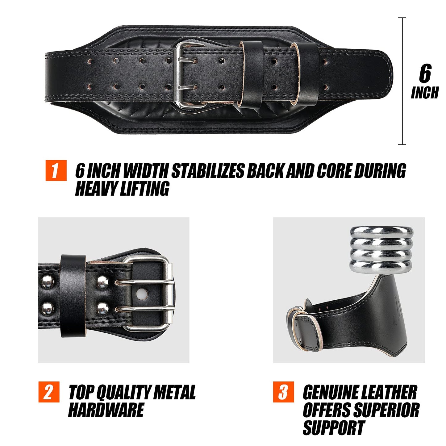 Genuine Leather Weight Lifting Belt for Men Gym Weight Belt Lumbar Back Support Powerlifting Weightlifting Heavy Duty Workout Training Strength Training Equipment 6-Inch BLACK