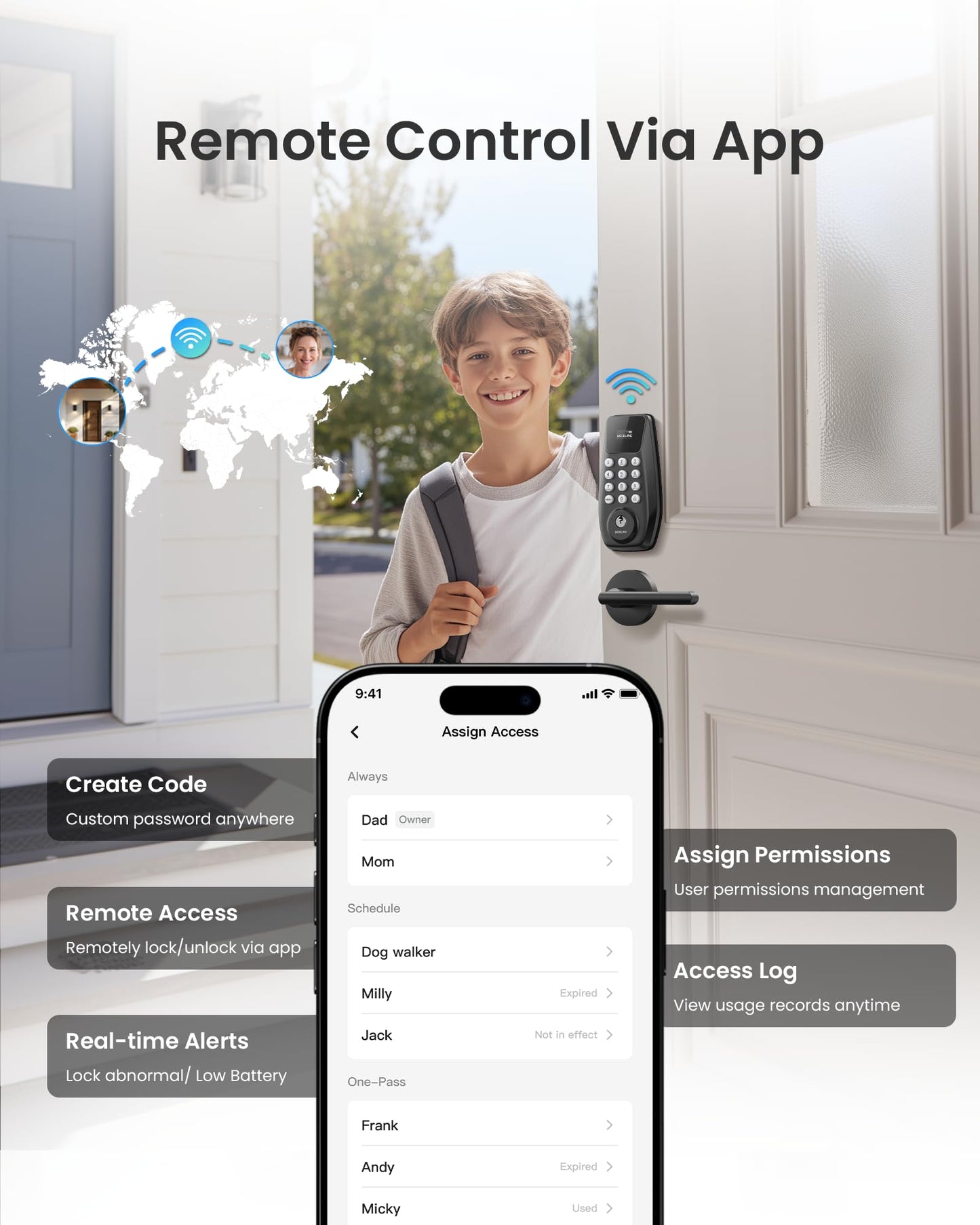 DESLOC C100 Plus Built-in WiFi Smart Lock with Handle Set, Built-in WiFi Keyless Entry Door Lock with Display, Keypad Deadbolt & Matching Lever Handle for Front Door, App Remote Control - Black