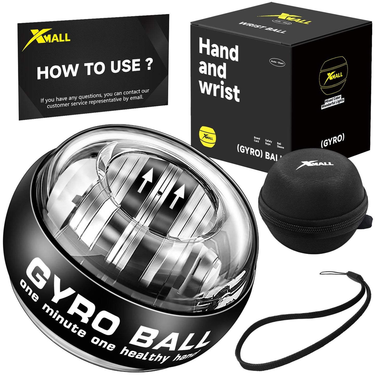 XMALL Torque Ball Hand Exerciser, Grip Strength Trainer, Forearm Strengthener, Wrist Power Gyro Ball, Hand Strengthening Devices, Wrist Strengthener, Finger Exerciser, Auto-Start(Black-WithoutLight)