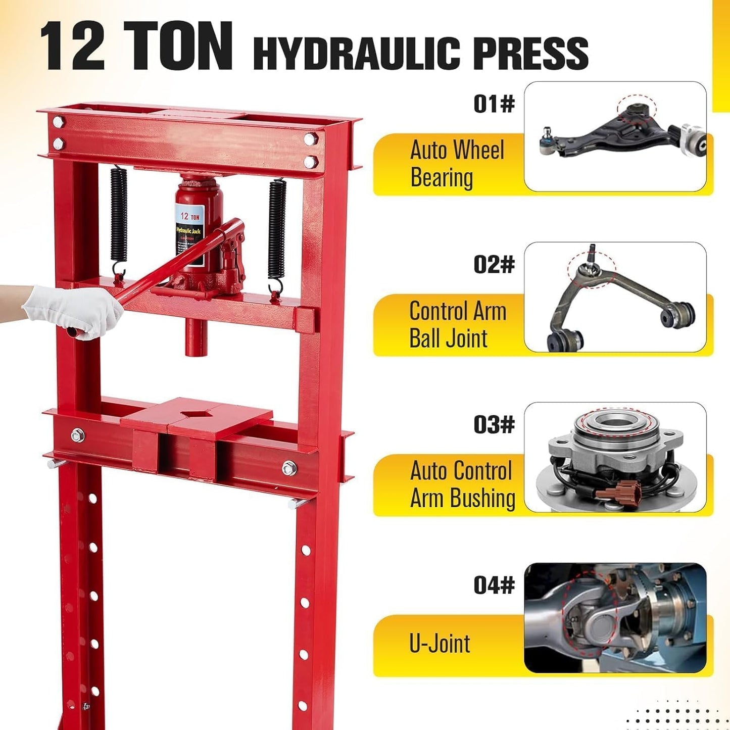 12 Ton Hydraulic Press with Adjustable Table, Heavy Duty H-Frame Hydraulic Shop Press with Movable Plates, Ideal for Auto Repair, Metal Bending, Garage Use, Red