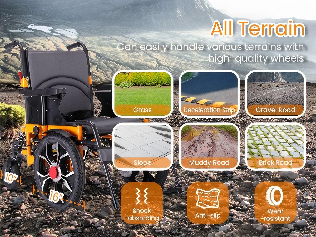 16" Big Front Wheel Electric Wheelchair, 20” Seat Width All Terrain Foldable Power Wheelchairs, Motorized Wheel Chair for Adults 330lbs, Dual Brakes, Rear Control Included, Led Light, Backpack