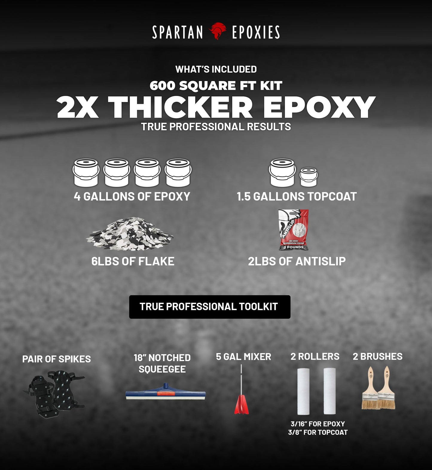 Epoxy Floor Kit for Concrete - USA Made - 2X Thicker, Industrial Grade, Residential & Commercial. 300-400 sq ft or 600 sq ft Kits. Many Styles (Medium Gray with Domino Flake, 600 ft²)