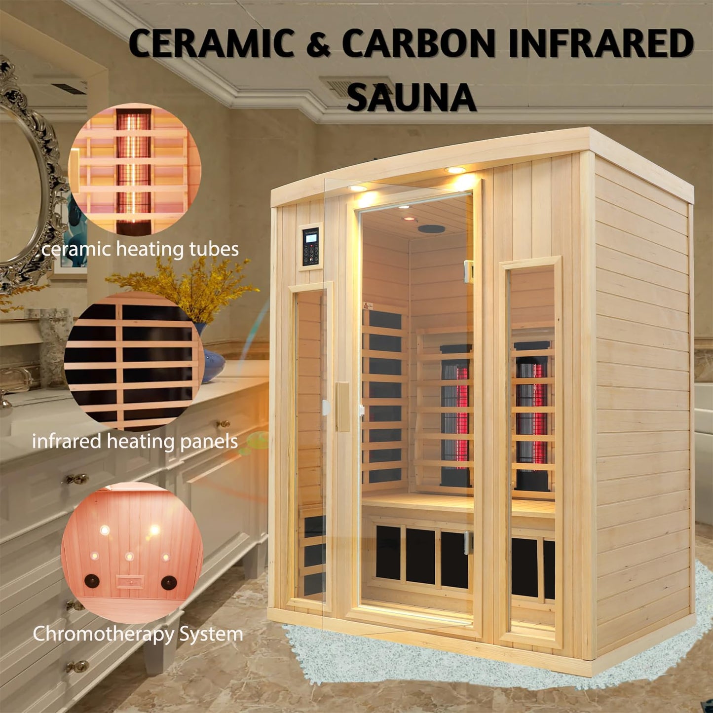 KUNSANA Ceramic Infrared Sauna 3 Person, Infrared Saunas for Home, Low EMF Far Infrared Sauna, Indoor Home Sauna Spa, Hemlock Wooden Sauna with Bluetooth Speaker, Chromotherapy Lamp, 2050W