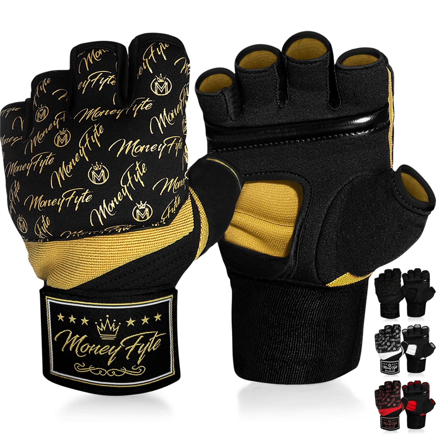 Quick Gel Boxing Wraps Under Boxing Gloves - Kickboxing MMA Muay Thai - Fist, Knuckle, Wrist Wrap Protection Inner Glove Hand Wraps - Men Women Kids - MoneyFyte (Black/Gold, S/M)
