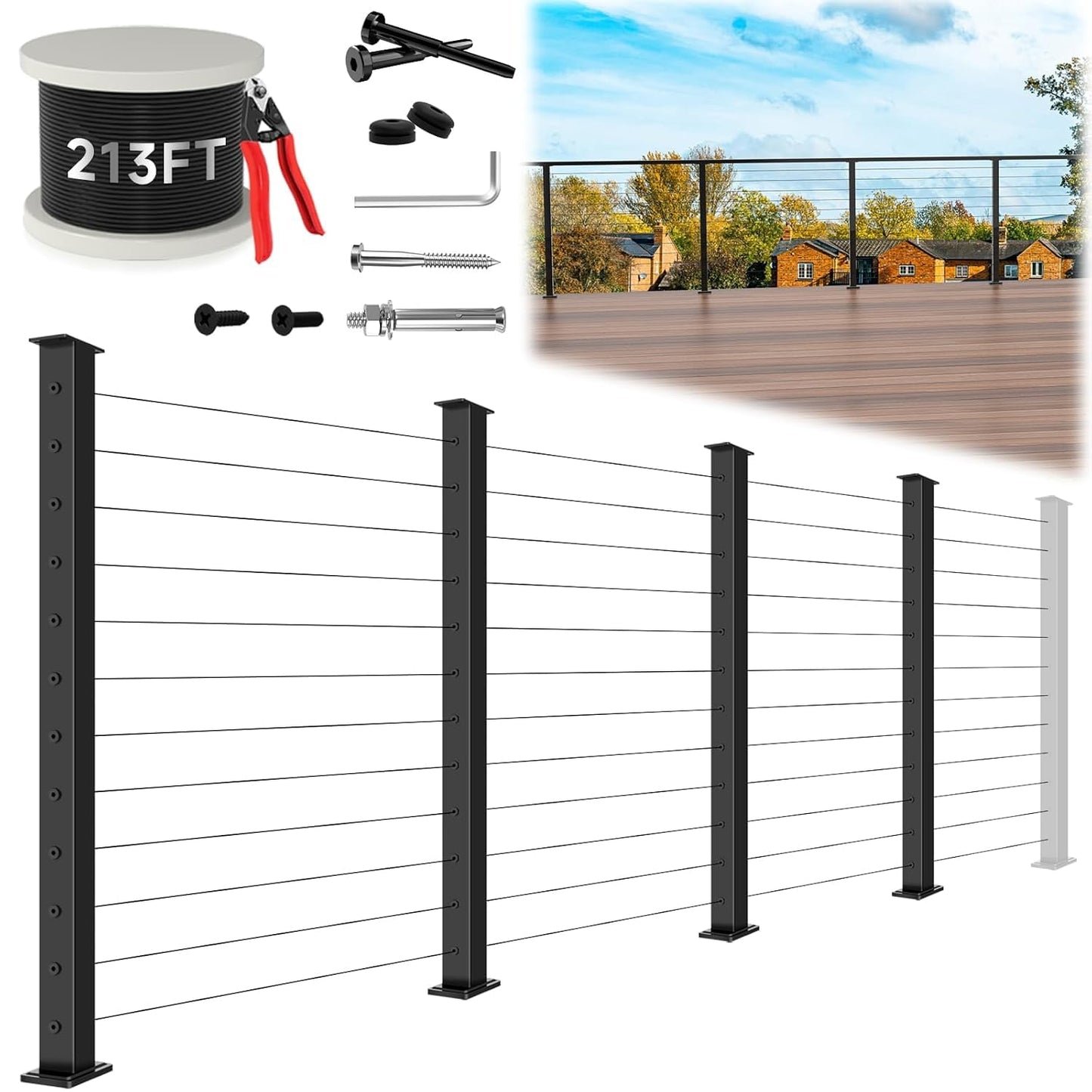 Zylorix 12ft-16ft Modular Cable Railing Post Kit 42" T304 Stainless Steel 4 Level Post Kit, Surface Mount Black Cable Railing System for Decks Length Adjustable Easy DIY, 213ft 1/8" Wire(No Handrail)