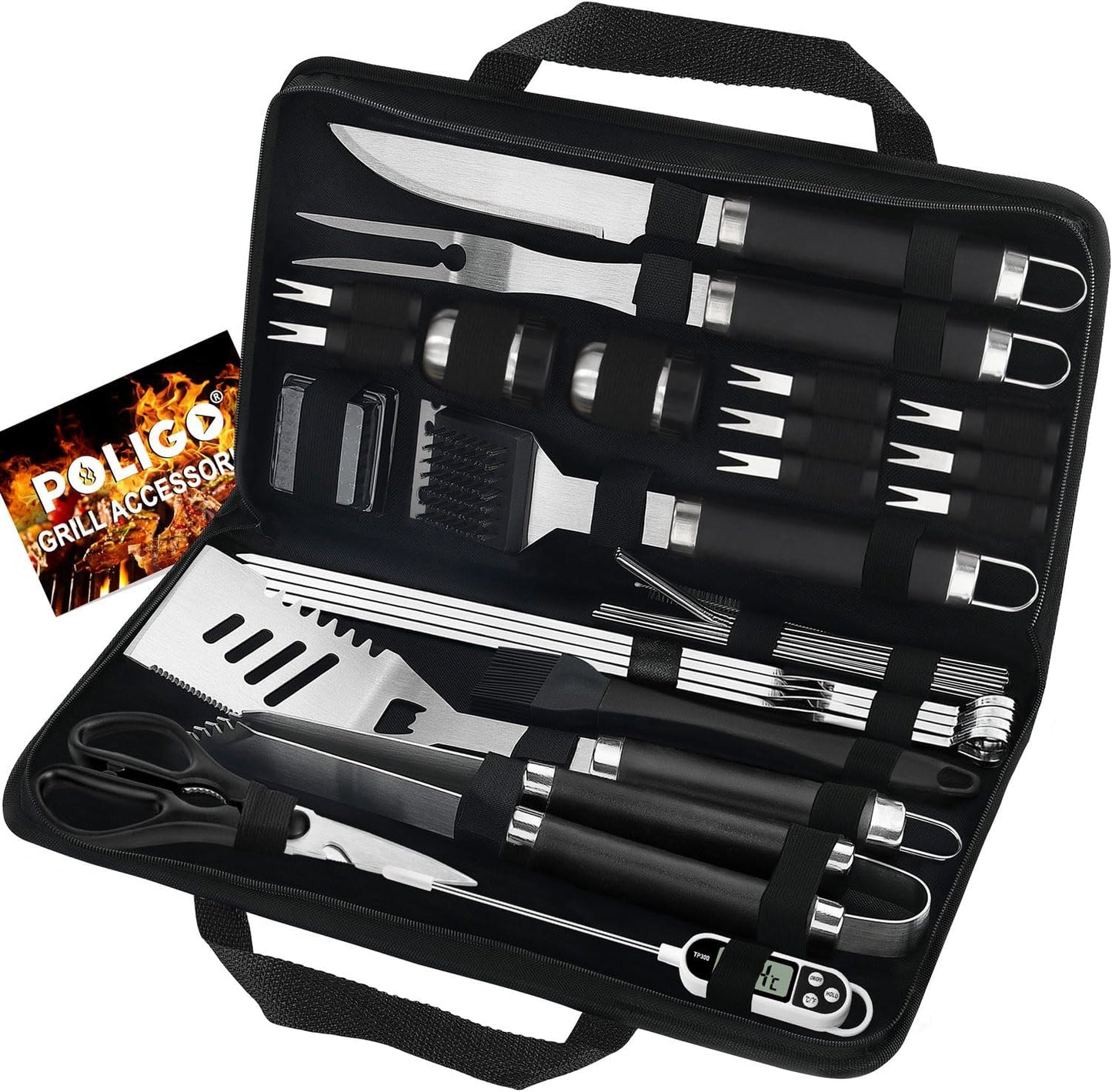 POLIGO BBQ Grill Accessories Set - 29 PCS Stainless Steel Tools with Storage Bag | Perfect Grilling Gifts for Men, Black