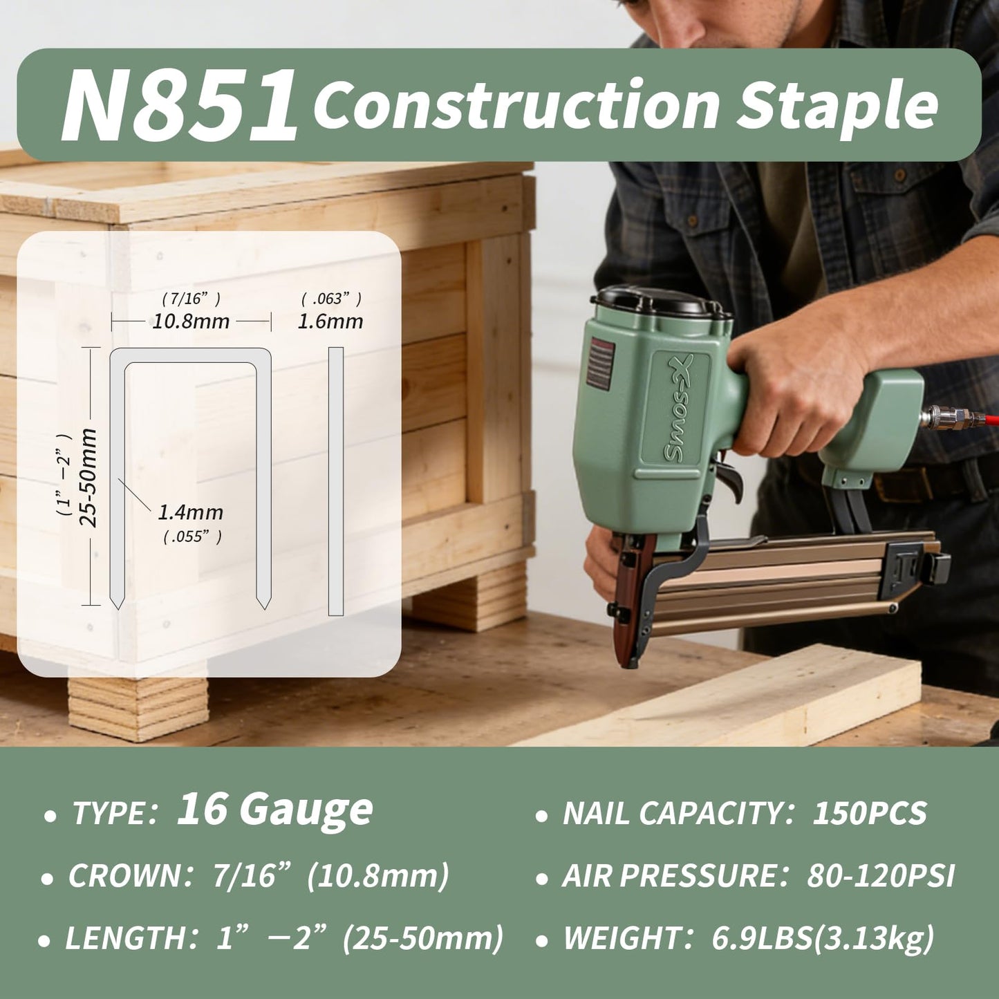 Smos-X N851 Pneumatic Staple Gun 16 Gauge 7/16" Roofing Nail Gun Accepts 3/5" to 2" Leg Staples Upholstery Staple Gun for Roof Decking Subflooring,Kinds of Wood Construction