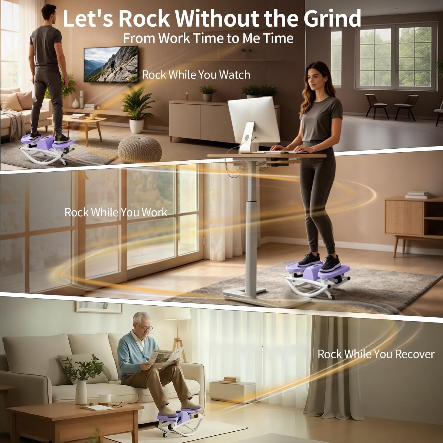 Flexella Rock Stepper, Side to Side Rocking Stepper Exercise Machine for Balance at Home, Low-Impact Lateral Stair Stepper with Resistance Bands & Digital Counter, 250 LBS Weight Capacity (Purple)
