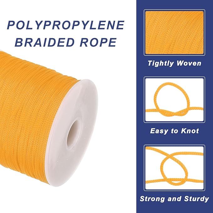 MECCANIXITY 1/16 Inch Polypropylene Rope Braided Ropes, 328ft Nylon Rope Hollow Utility Cord for Clothesline, Camping, Hiking, Outdoor, Dark Yellow