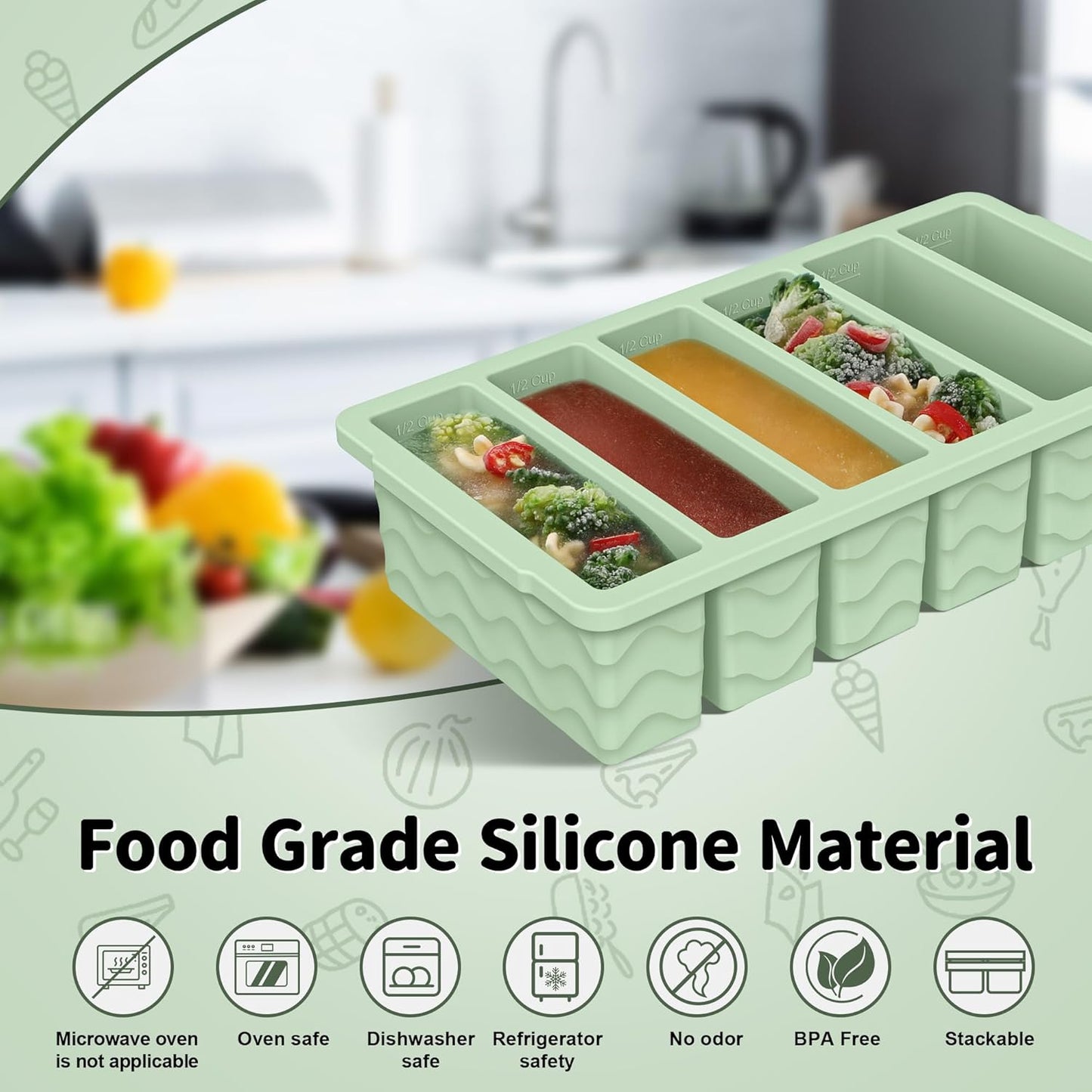 Skiennix Silicone Freezer Trays - 2-Pack with Lid for Meal Prep | 2 Large 2-Cup & 6 Small 1/2-Cup