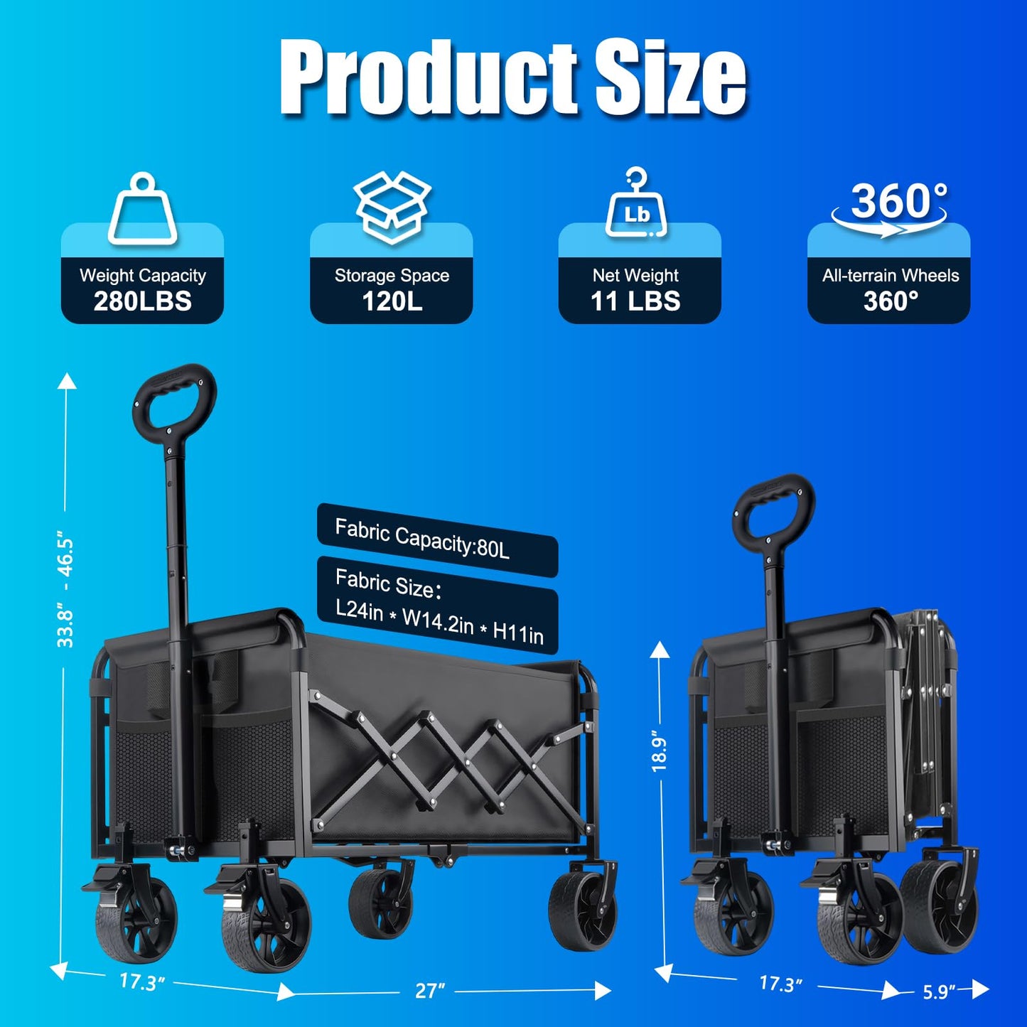 Collapsible Wagon Cart Foldable with Wheels - 360LBS Large Heavy Duty Folding Utility Wagon with All-Terrain Wheels & Brakes for Shopping Garden Beach Camping, 2 Drink Holders/Lightweight/Black