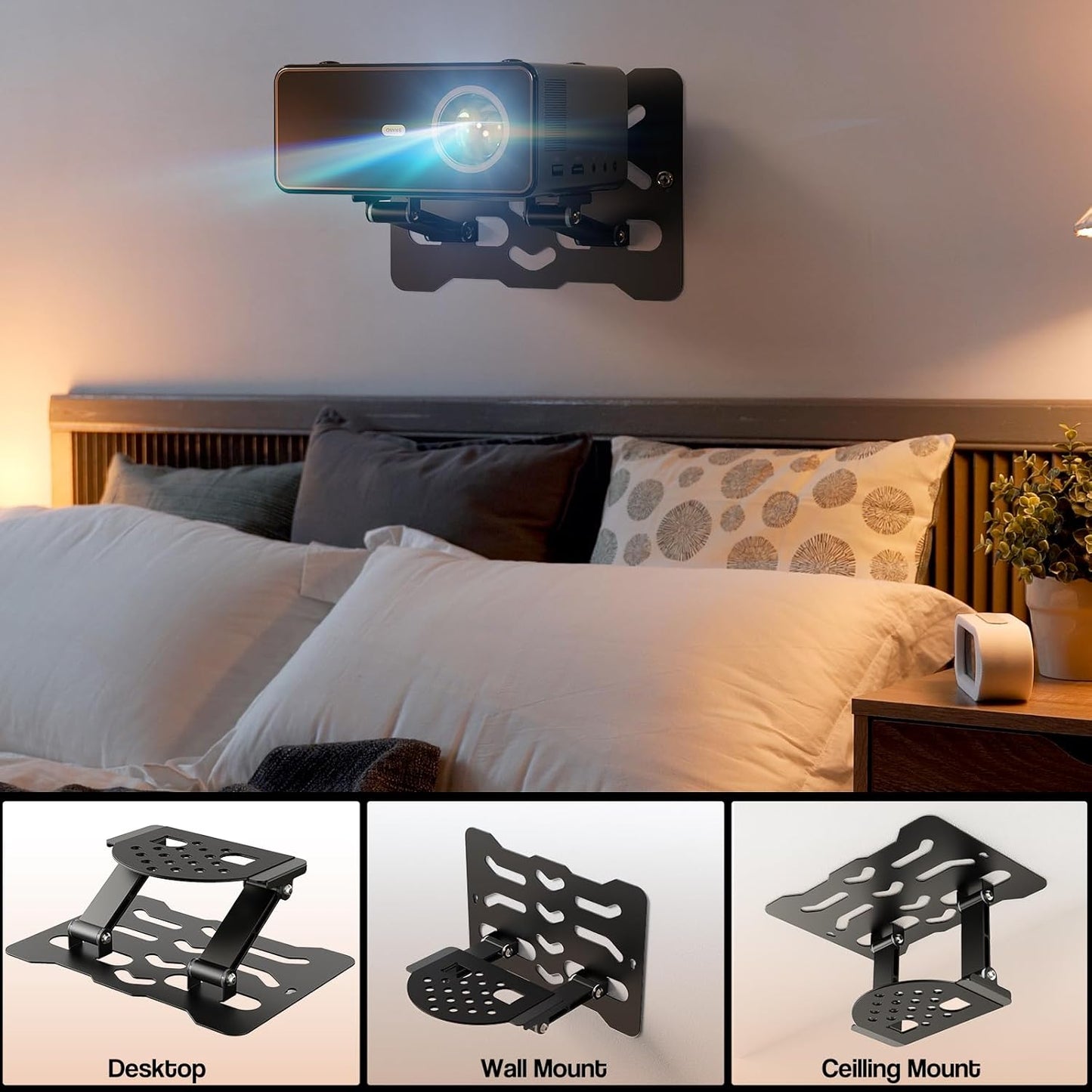 3-in-1 180 1/4" Adjustable Projector Mount Stand Universal Ceiling/Wall/Table Mount with Dual-Axis Rotation, Multi-Hole