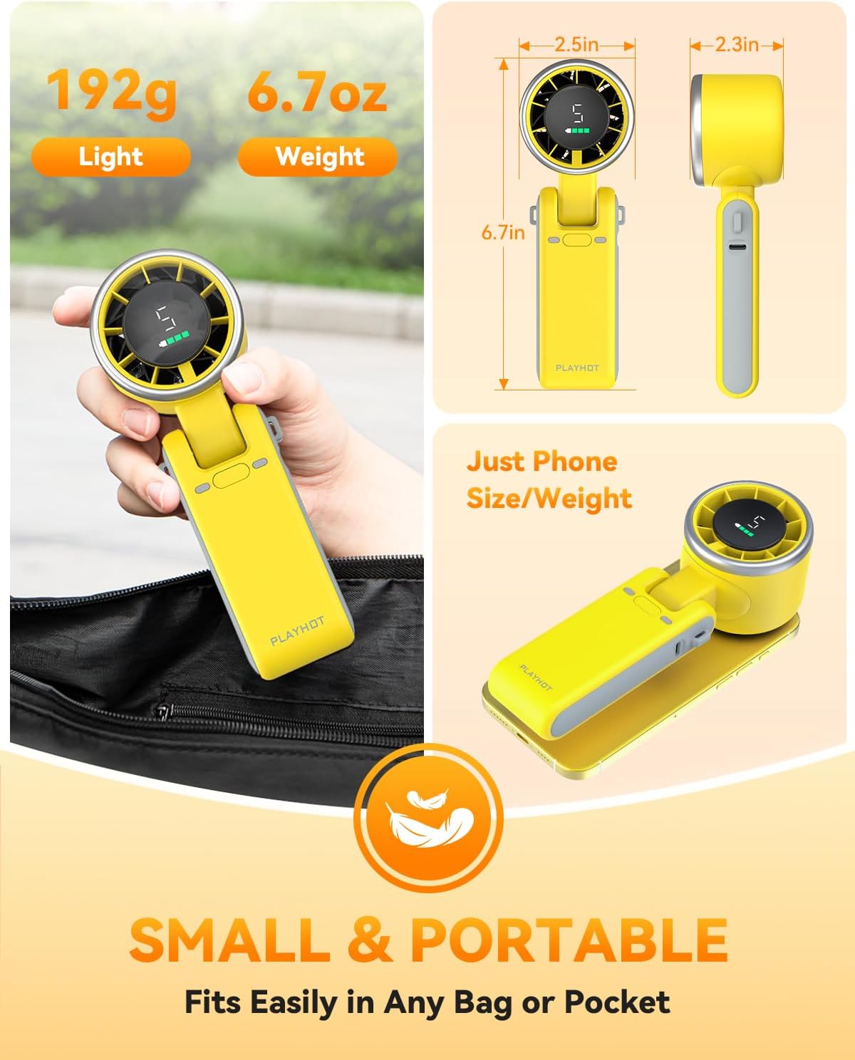 PlayHot Portable Handheld Turbo Fan - 5-Speed Rechargeable 5000mAh Battery | Lightweight 3-in-1 Design, Yellow