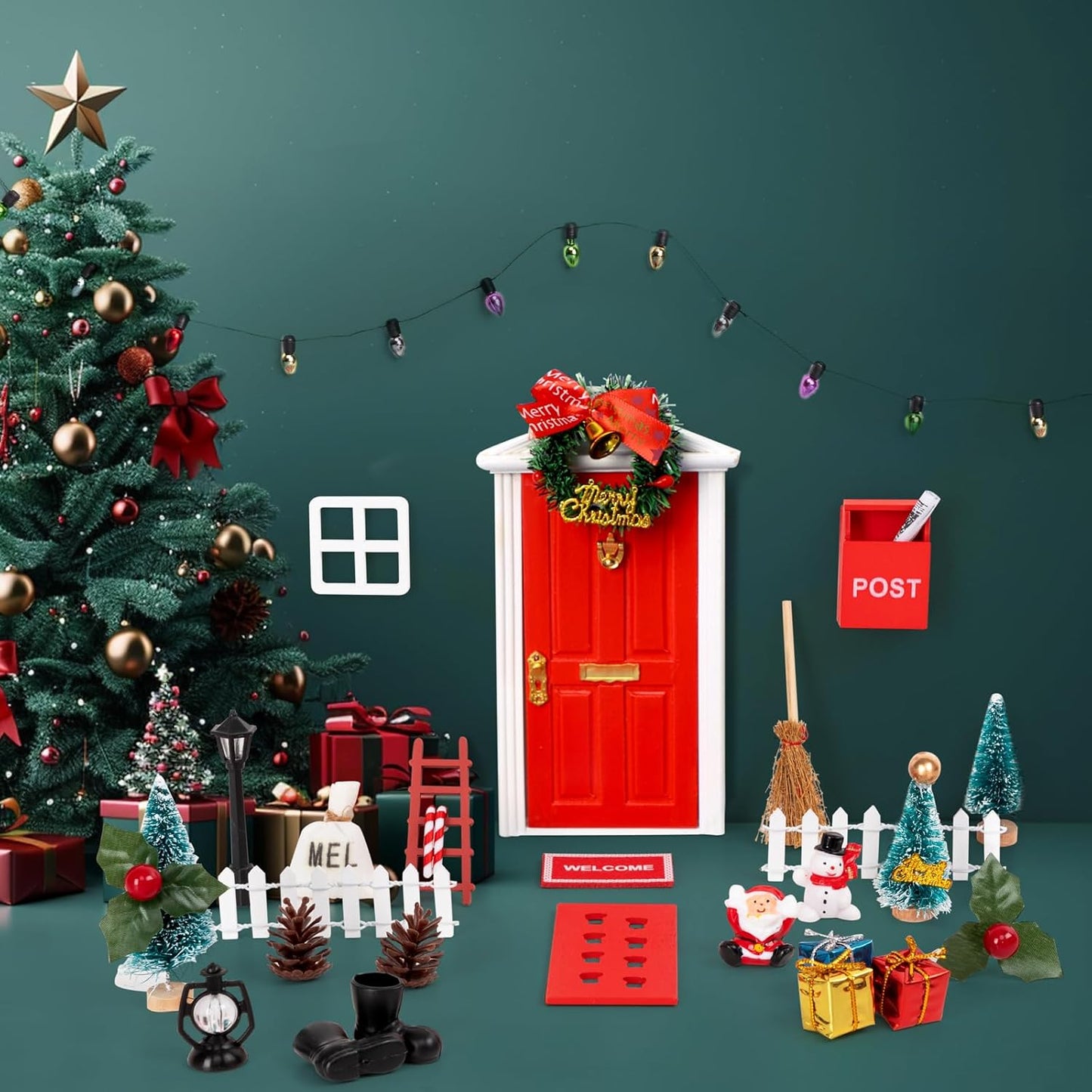 Skiennix Christmas Elf Fairy Door Kit - 31Pcs Miniature Wooden Garden Decorations (Red)
