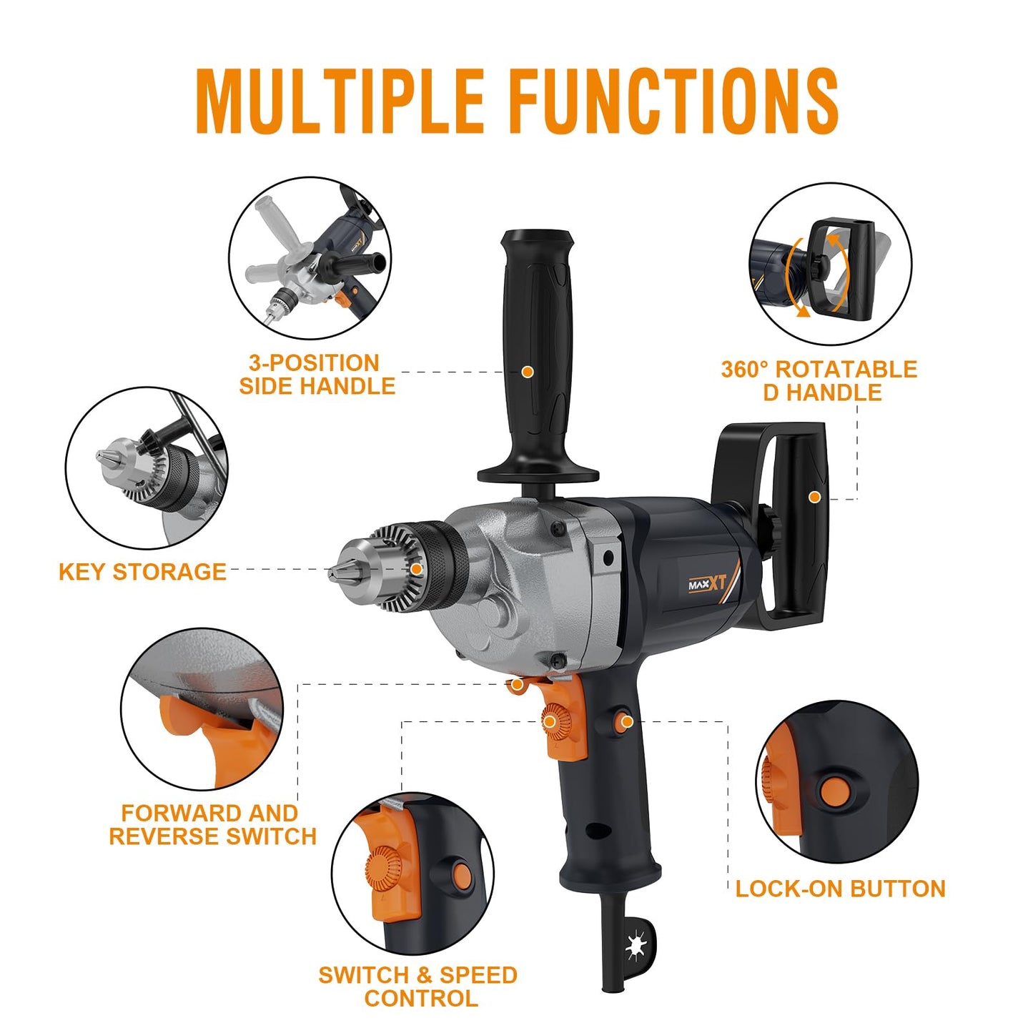 MAXXT Drill Mixer Set with Spade Handle 1/2 inch Electric Corded Mixing Drill Machine 9A Motor Concrete Mud Mixer