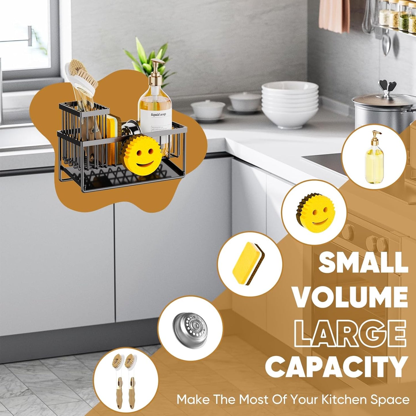 Skiennix Sponge Holder - Smiley Face Sink Caddy with Removable Brush Holder | Self-Draining Kitchen Essential