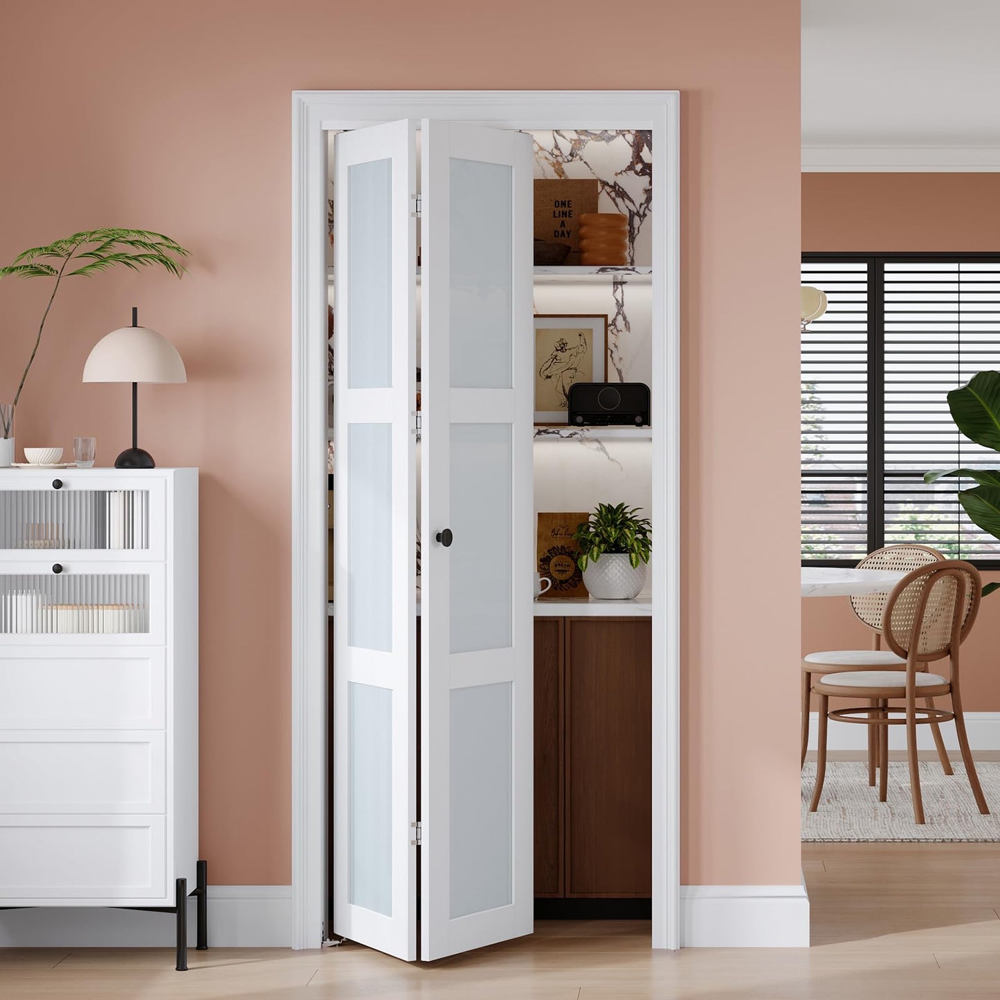 EaseLife Preassembled Bi-Fold Doors, for 32"x 80" Opening,Tempered Frosted Glass Closet Folding Barn Door with Concealed Hardware Kit,MDF Wood Panel,Water-Proof PVC Surface,Easy Installation
