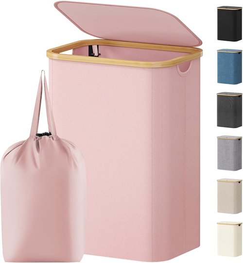 Lifewit 80L Laundry Basket - Foldable Clothes Hamper with Lid & Bamboo Handles | Pink