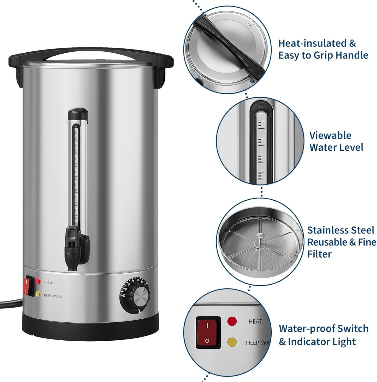 PeacefulHues 110 Cup Commercial Coffee Urn,16l / 4.2Gal Double Wall Insulation Coffee Dispenser,Stainless Steel Large Hot Beverage & Water Dispenser with Automatic Temperature Control for Buffets