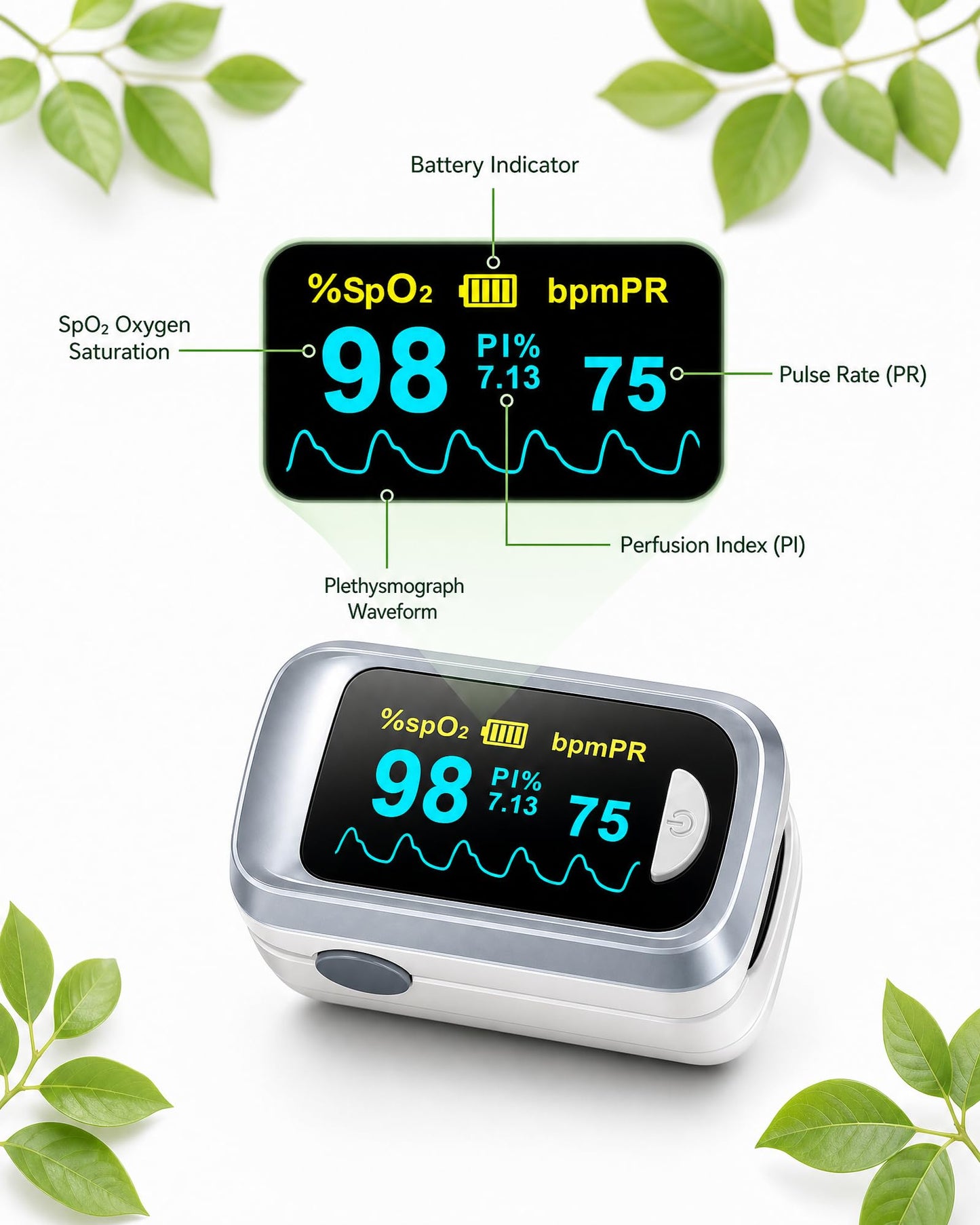 Healthtree JKS50B Pulse Oximeter Fingertip - Blood Oxygen monitor Fingertip with Perfusion Index, Fast 5-8s Reading, Large OLED Display, SpO2 & Heart Rate monitor for Home, Sports, Travel (Includes Batteries & Lanyard)