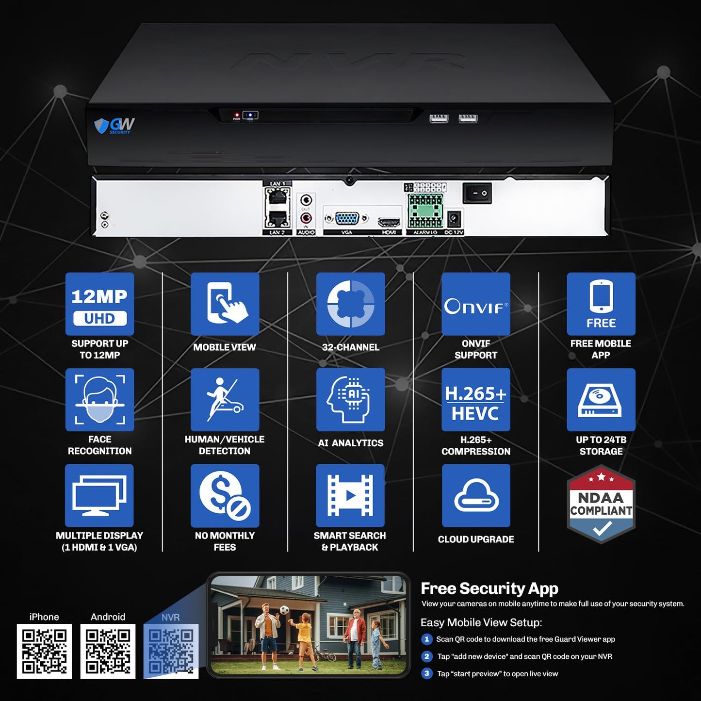 GW Security 32 Channel Commercial NVR UltraHD 4K Face Recognition NDAA & TAA Compliant Business Security Camera System with 32 x 8MP @25FPS Outdoor & Indoor PoE Turret Cameras, 10 Smart AI Functions