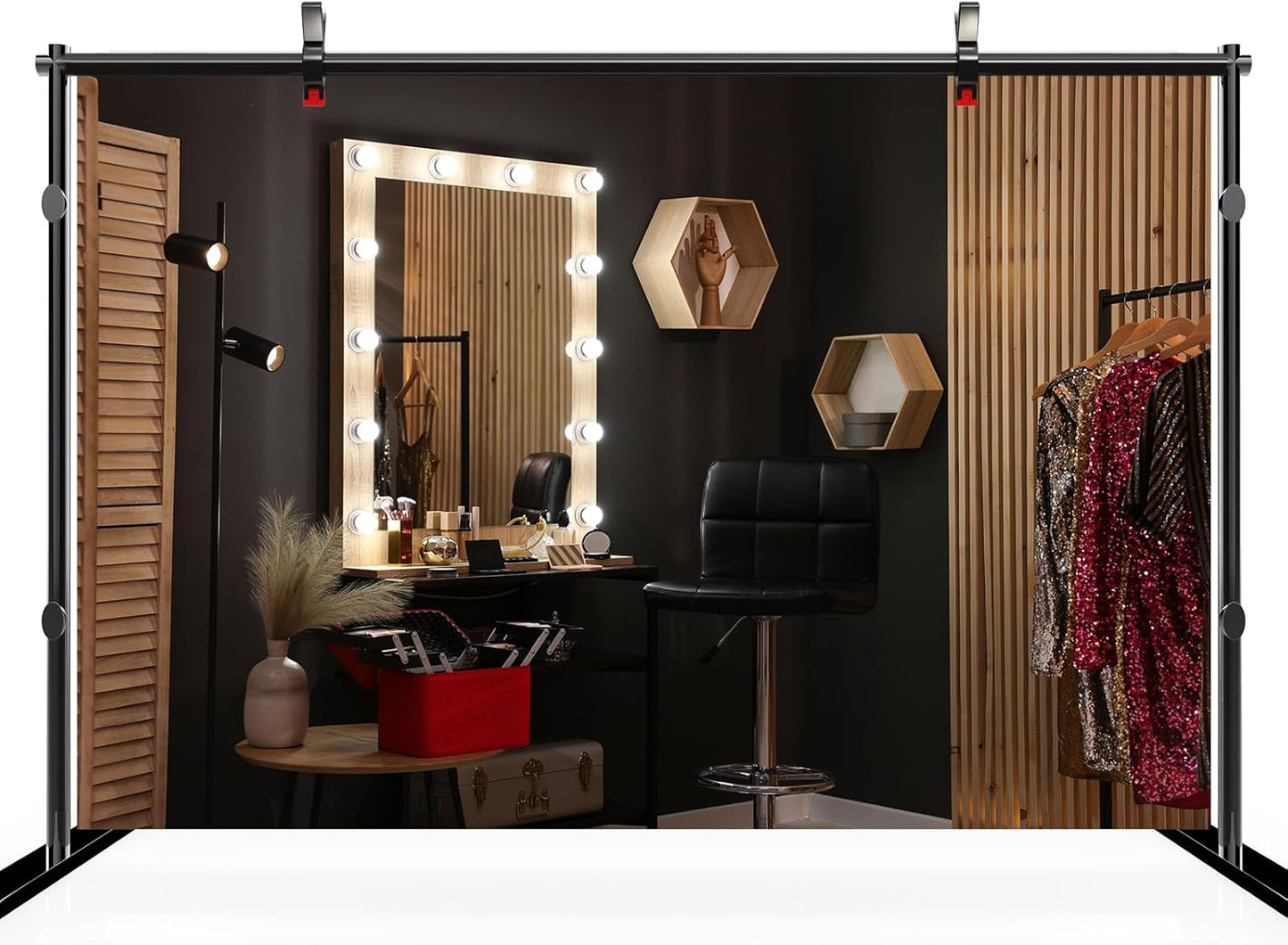 CHNYWORK 7ftx5ft Makeup Room Backdrop Stylish Dressing Table with Large Mirror Black Wall Background Professional Salon