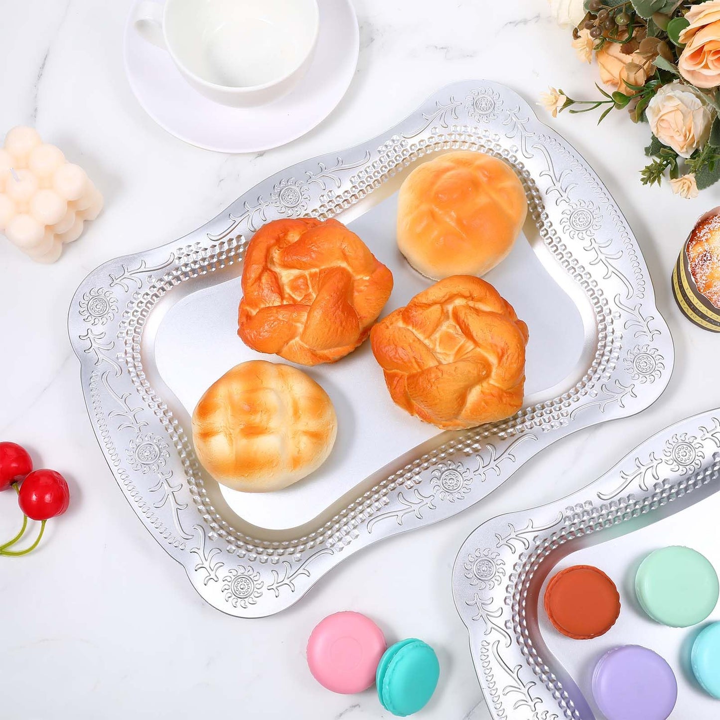 10 Pcs Plastic Serving Trays Rectangle Platters for Dessert Display Tray for Decoration Embossed Serving Platter Dish for Parties, Weddings, Engagements, Birthdays (13" x 9",Silver)