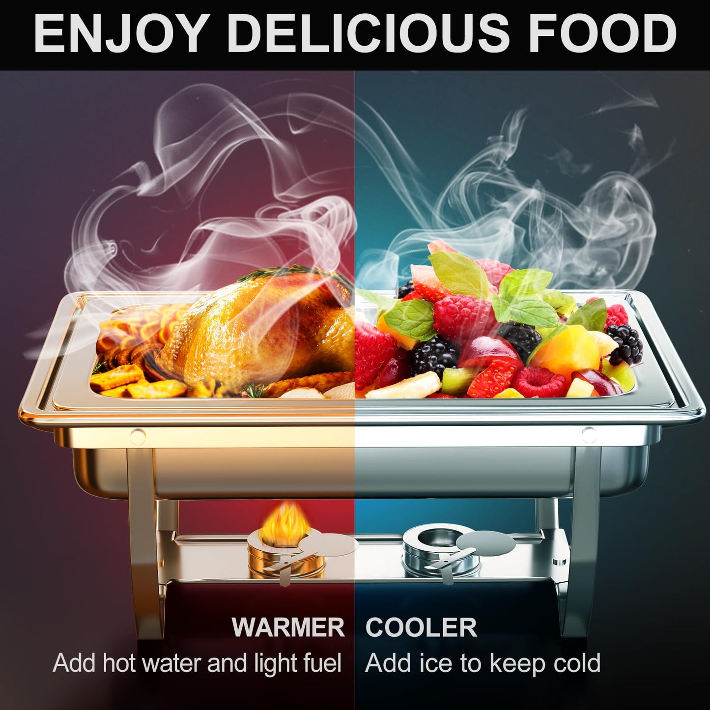MEEZY 4 Pack 9QT Chafing Dish Buffet Set, Stainless Steel Buffet Chafers with Full Size, Half Size, Size Pan Foldable Catering Food Warmer for Wedding Banquet Catering Party