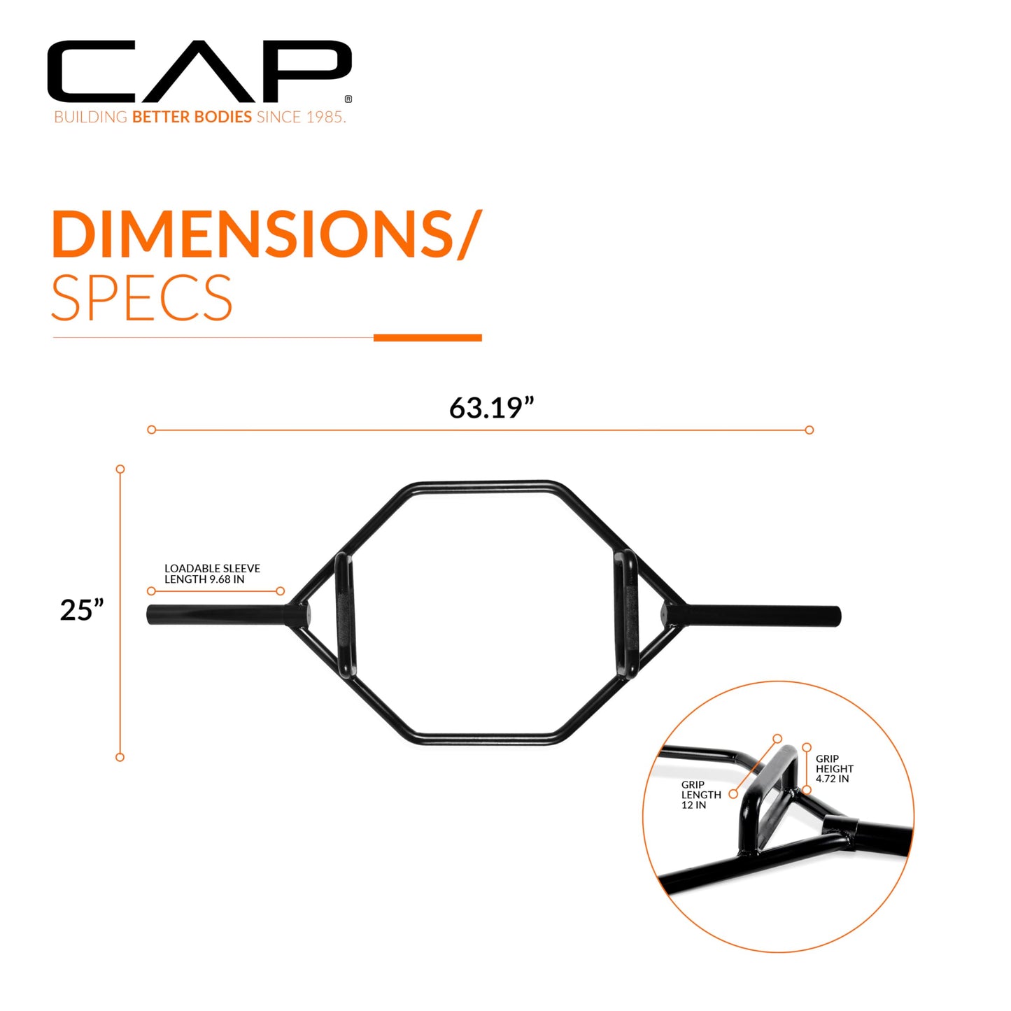 CAP Barbell Mega Olympic Trap, Deadlift, Hex Bar with Combo Neutral Grips, Black