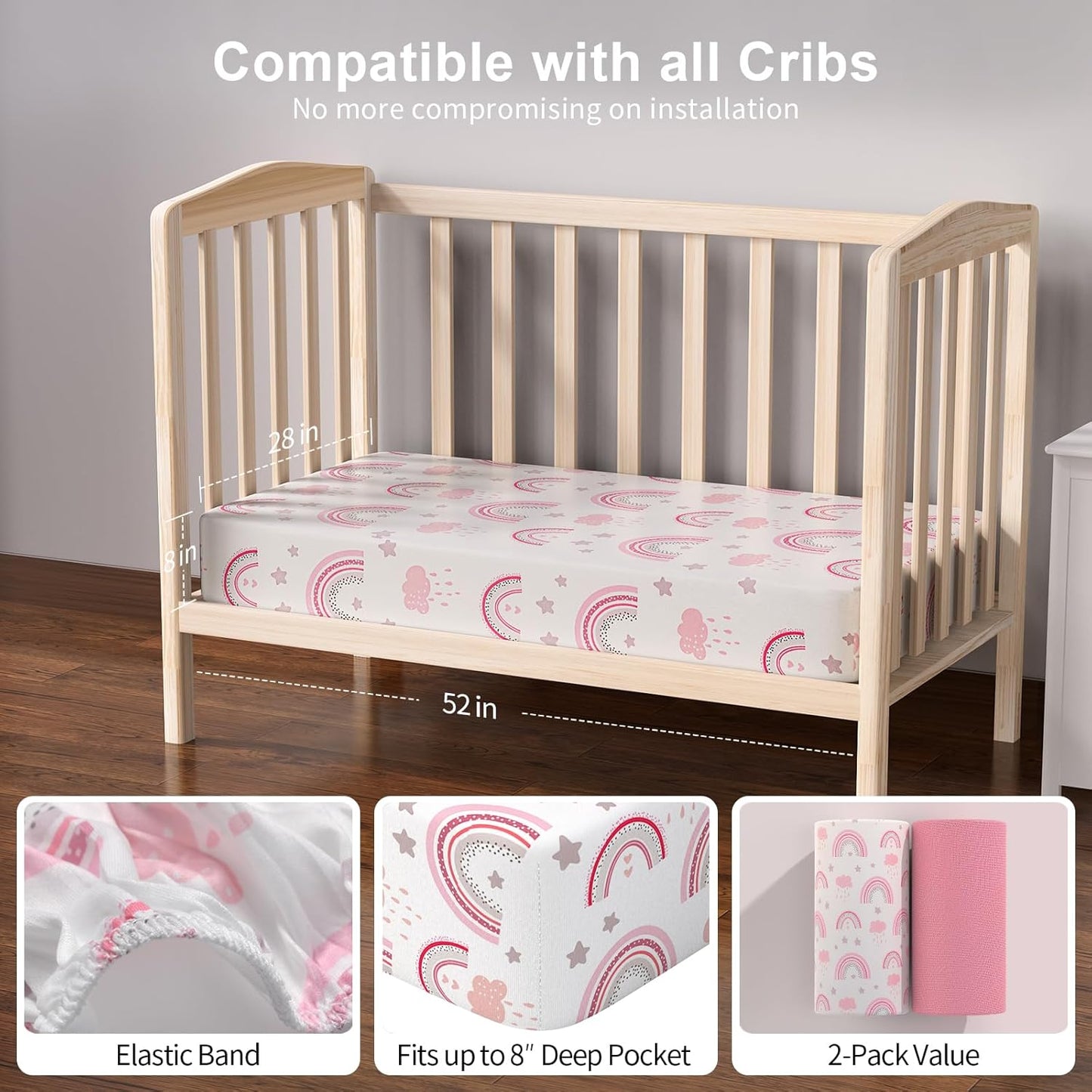 Skiennix Baby Crib Sheets - Soft Microfiber 2-Pack for Standard Crib Mattress | Pink Rainbow & Pink 28x52x8in