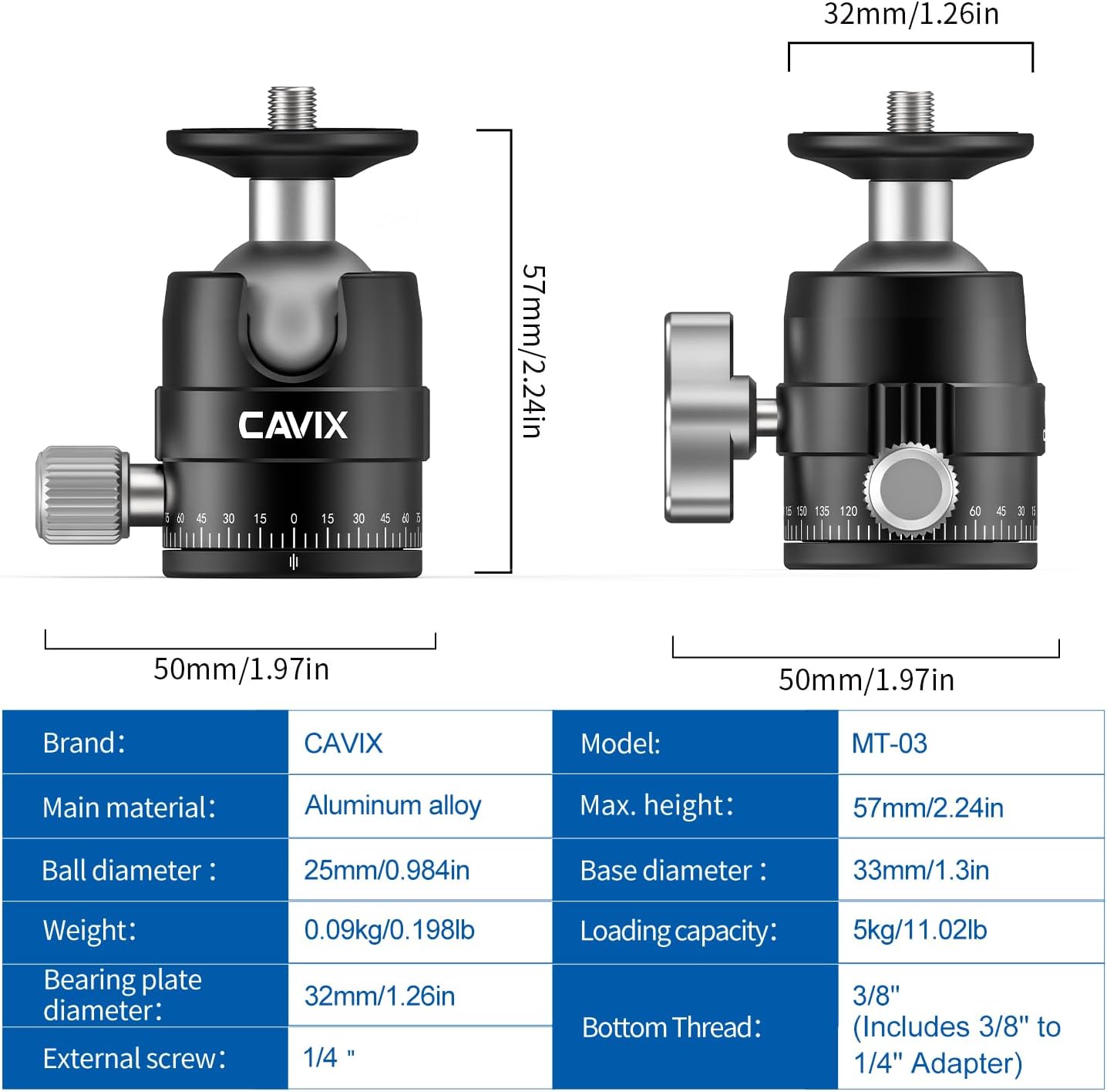CAVIX 25mm 360 1/4" 11lb/5kg Small Ball Head Panoramic Tripod Head, Mini Ball Head with Quick Release Plate