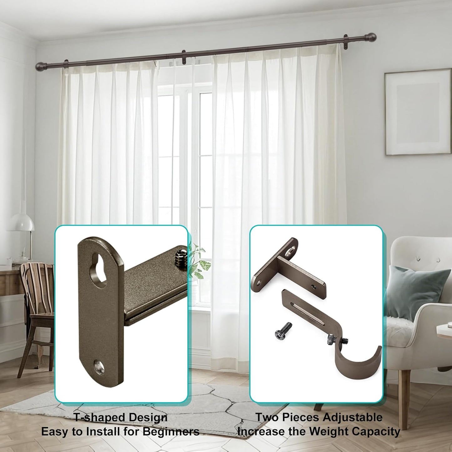 Skiennix Adjustable Curtain Rod Brackets - Durable Metal Drapery Rod Holders for 1-Inch Rods | Brown, Set of 2