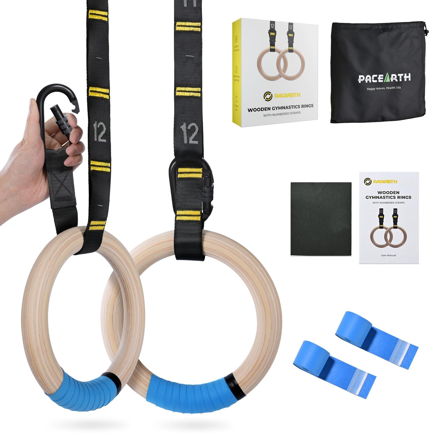 PACEARTH Gymnastics Rings 32mm Wooden Olympic Rings Support 1500lbs Locked Carabiners 9ft Double-Layer Numbered Straps Non-Slip Gym Rings for Home Gym Full Body Workout