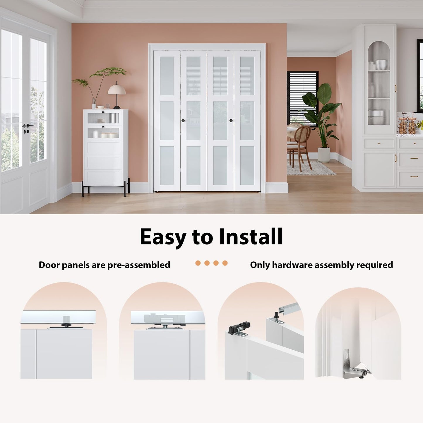 EaseLife Preassembled Bi-Fold Doors, for 48"x 80" Opening,Tempered Frosted Glass Closet Folding Barn Door with Concealed Hardware Kit,MDF Wood Panel,Water-Proof PVC Surface,Easy Installation
