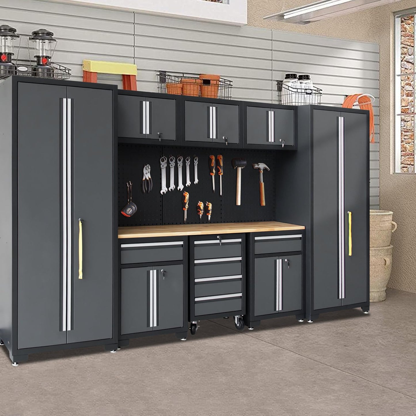 HPDMC Garage Storage Cabinet System 9-Pcs Workshop Set Garage Cabinets and Storage System with Steel Cabinet Drawers, Rolling Chest, Workbench, Pegboard for Garage Tool Organization, Black and Grey