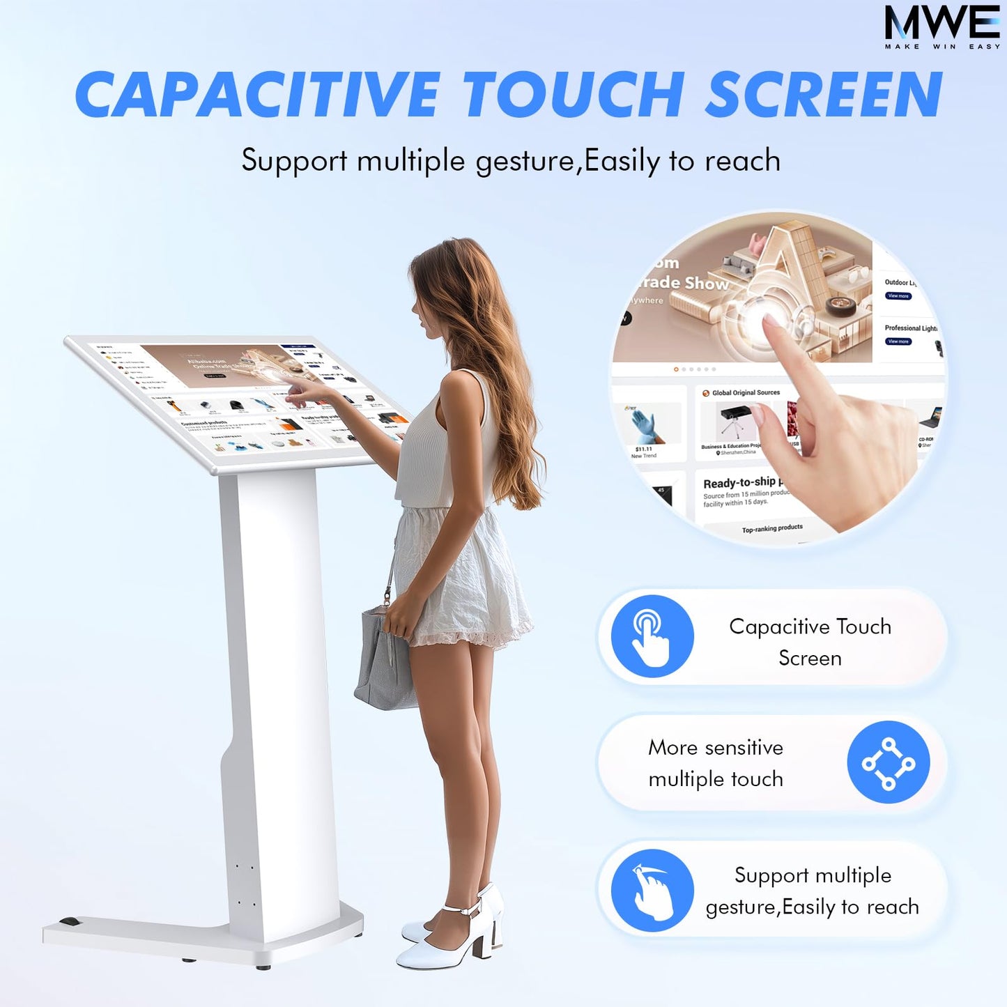 MWE 43 Inch Touch-screen Self Service Kiosk, Floor Standing Digital Signage Display, FHD Information Kiosk, 2 Speakers, Interactive Display for Mall Navigation/Self-Ordering/Advertising/Retail Store