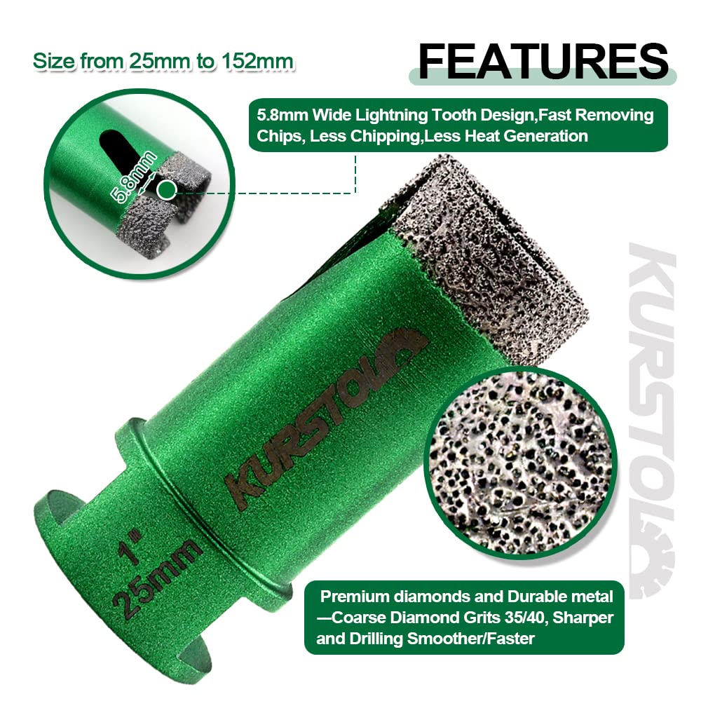 KURSTOL Tile Hole Saw Kit - 11pcs Diamond Core Drill Bits 6/6/25/35/50/65/75/102mm+2" Beveling Chamfer Bit+4.5" Blade Cutting Disc+SDS Shank to 5/8-11" Thread for Porcelain Ceramic Granite Marble
